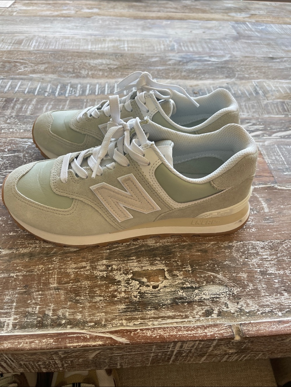 New Balance 574 Light Green and Cream Women's Retro Runner Sneakers